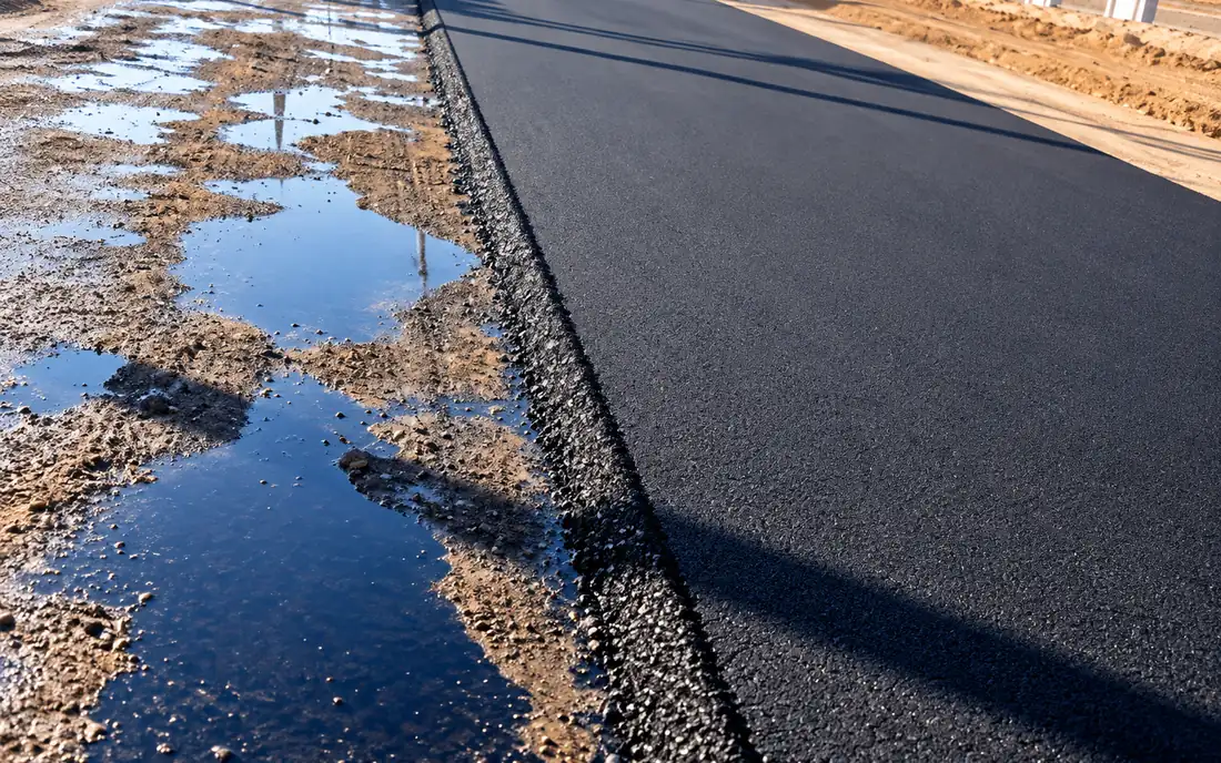 Edge of a freshly compacted asphalt mat alongside the natural ground