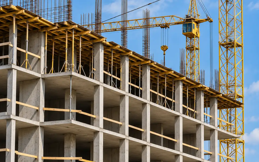 Concrete frame under construction with formwork, props and a tower crane