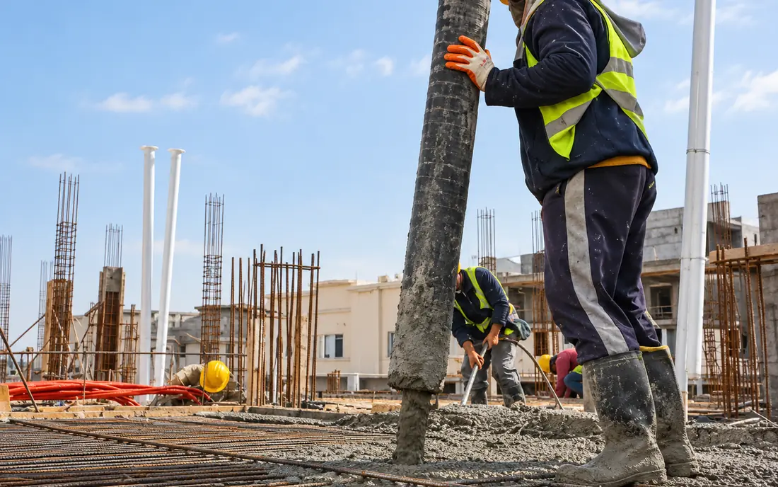Worker guiding the concrete pump hose during a slab pour on a construction site