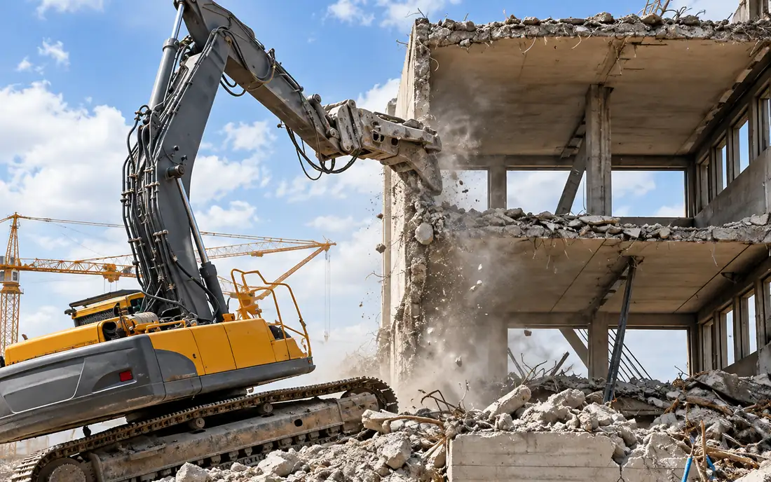 Excavator with hydraulic shears taking down the face of a concrete frame