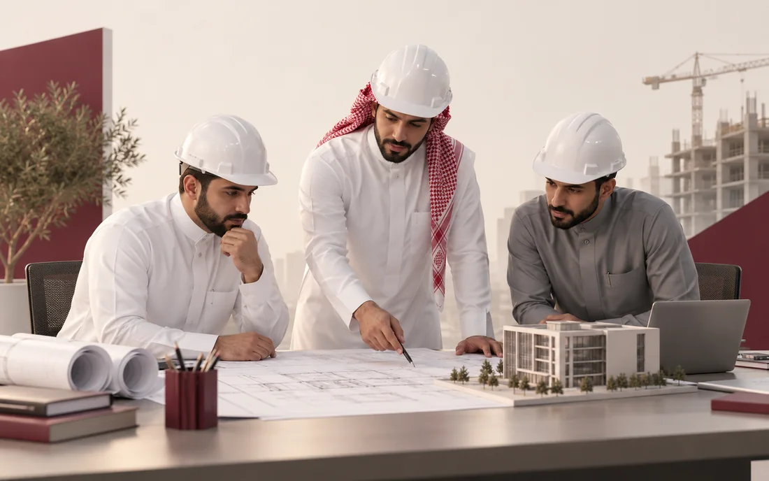 ثلاثة مهندسين يراجعون مخططاً ورقياً ومجسّماً لمبنى على طاولة اجتماع