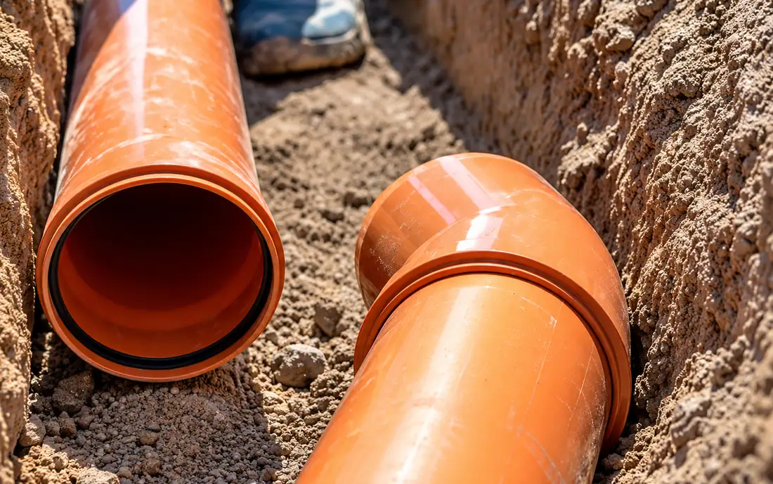 Orange plastic drainage pipes inside an open trench
